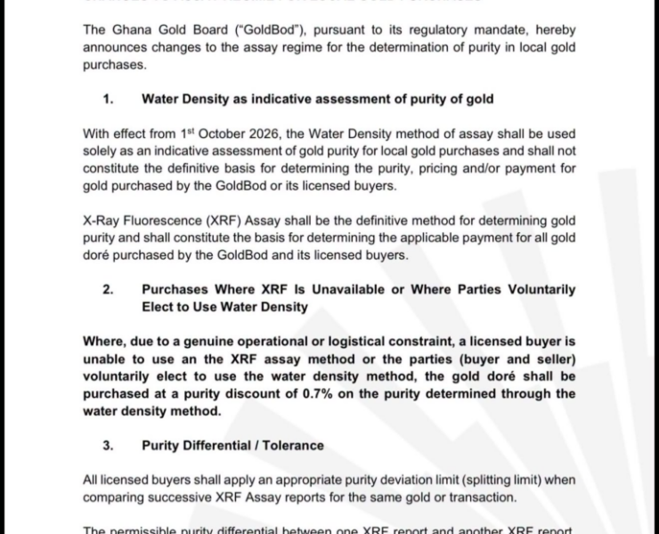 Ghana Gold Board Mandates XRF Assay for All Local Purchases from October 1, Tightens Purity Verification - Ghana